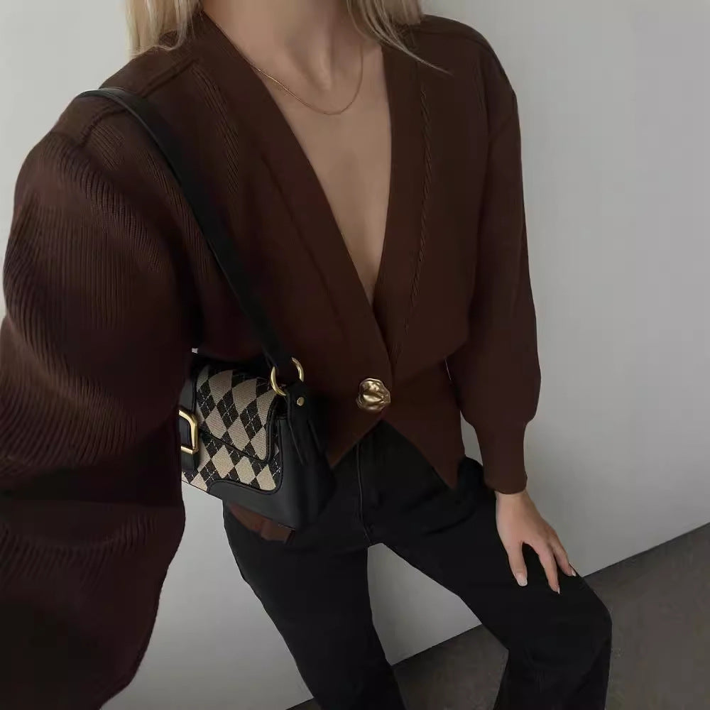 Women's elegant knit cardigan with deep V-neck and decorative button NOVAE