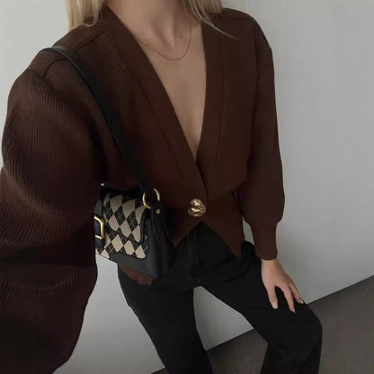 Women's elegant knit cardigan with deep V-neck and decorative button NOVAE