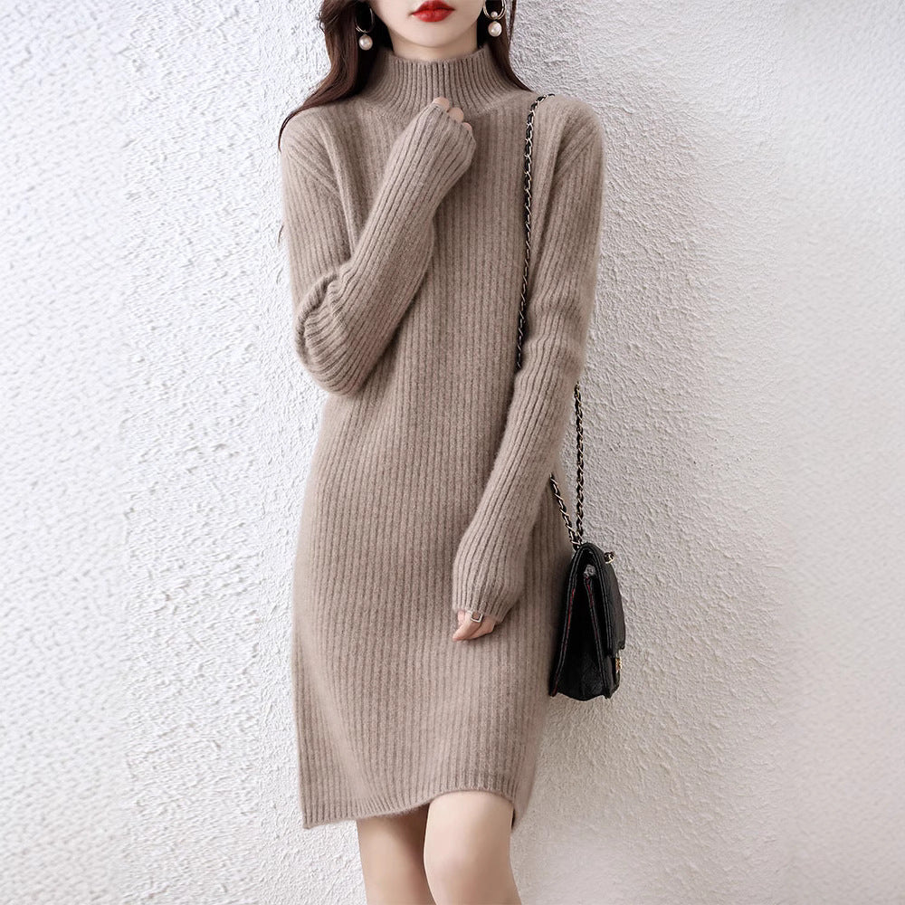 Women's knitted dress in an elegant ribbed design with a high collar NOVAE