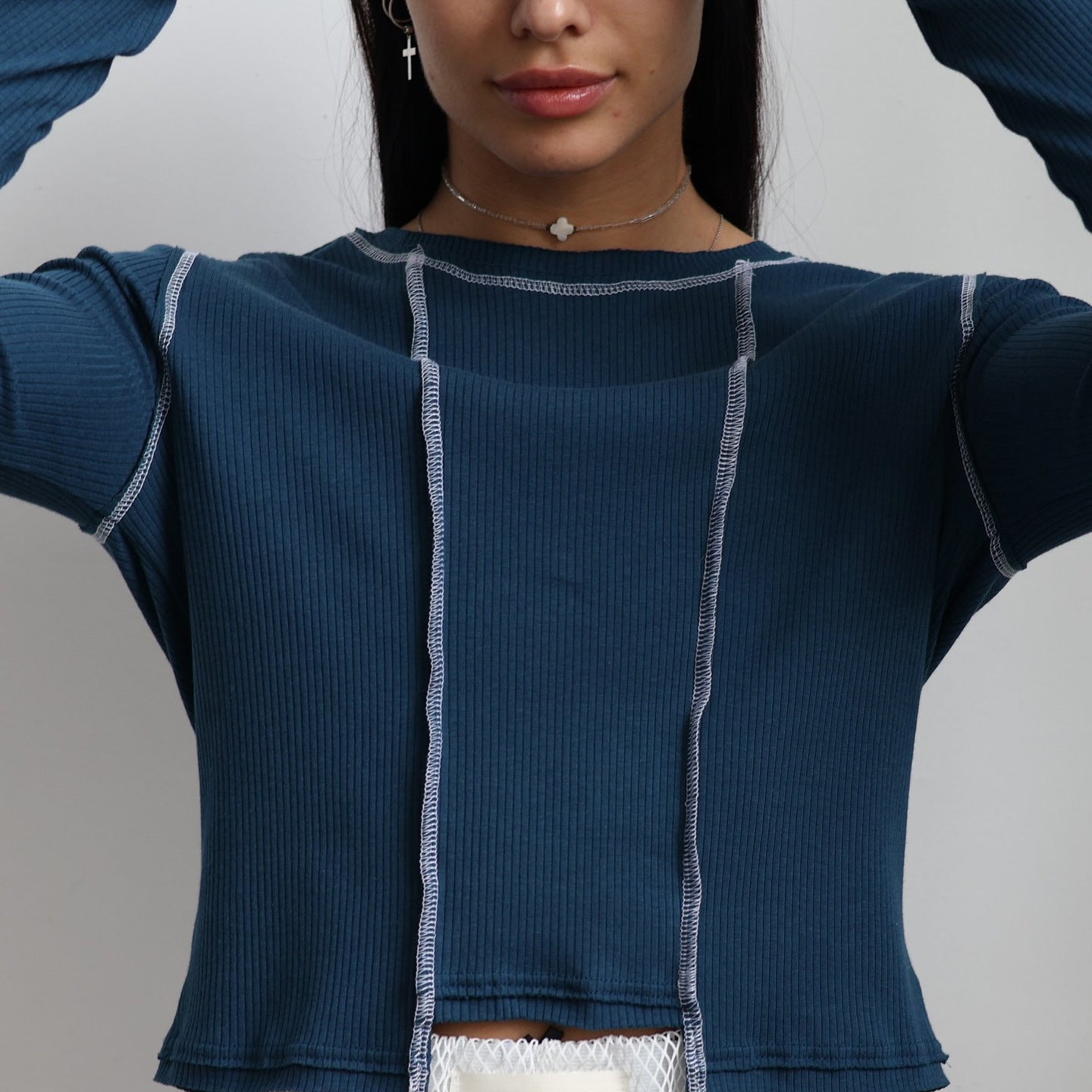 Women's casual long-sleeved top with retro-inspired ribbed texture and contrasting seams NOVAE