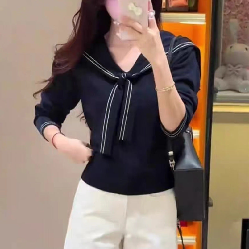 Women's stylish sweater with bow collar and fine knit structure NOVAE