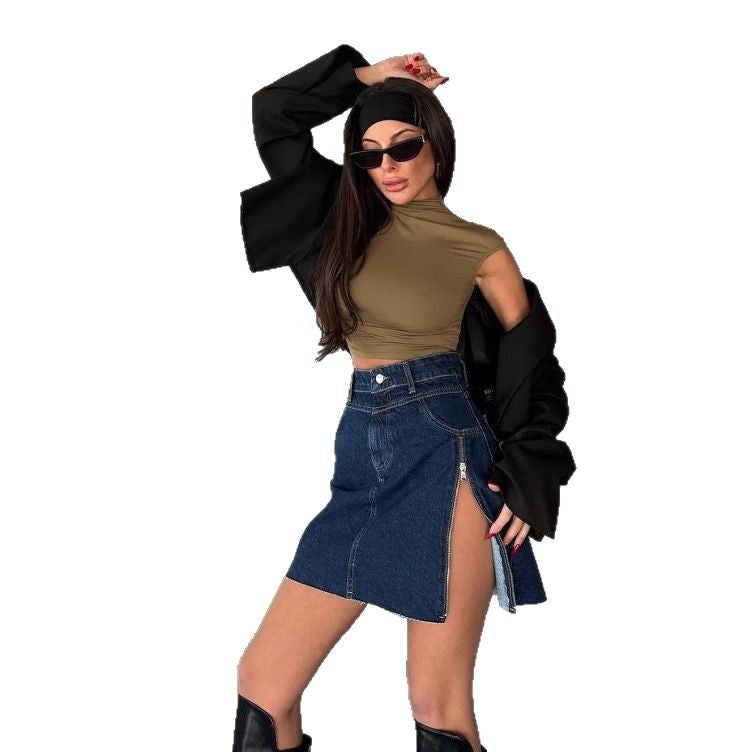 Women's denim skirt with asymmetrical hem and side zipper NOVAE