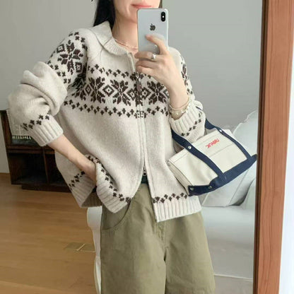 Women's cardigan with modern Norwegian pattern and high collar NOVAE