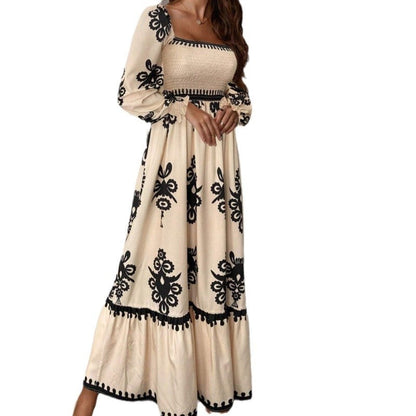 Women's maxi dress with puff sleeves and elegant embroidery pattern NOVAE