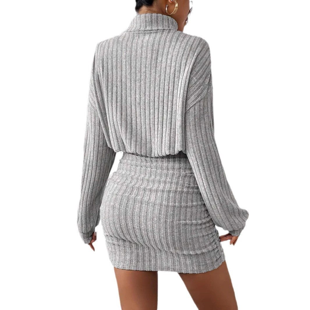 Women's knit dress with high collar and ribbed texture NOVAE