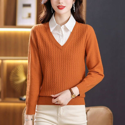 Women's V-neck knit sweater with textured design NOVAE