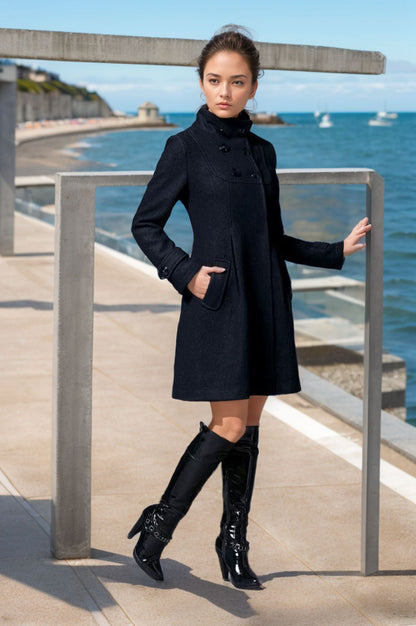 Women's elegant coat with high collar and functional pockets NOVAE
