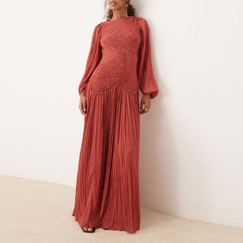 Women's maxi dress with sophisticated pleats and elegant long sleeves NOVAE