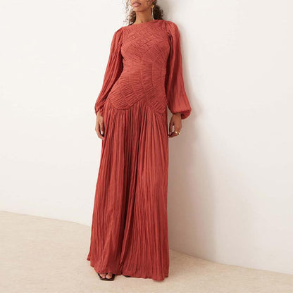 Women's maxi dress with sophisticated pleats and elegant long sleeves NOVAE