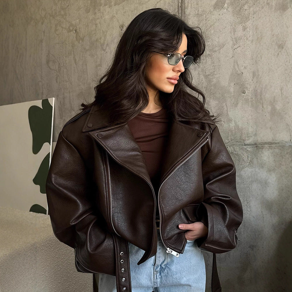 Women's fashionable biker jacket with wide collar and waist belt NOVAE