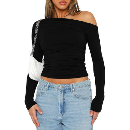 Women's fitted long-sleeved shirt with asymmetrical neckline and ruching NOVAE