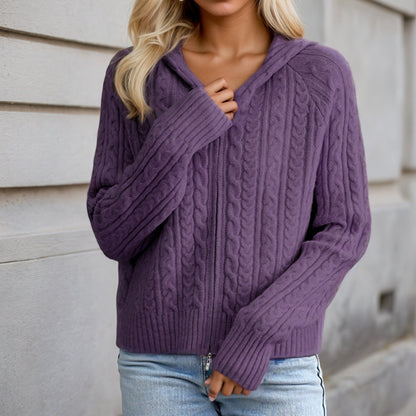 Women's hooded cardigan with detailed cable knit pattern NOVAE