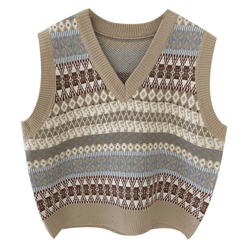 Women's sleeveless knitted vest with V-neck and pattern NOVAE