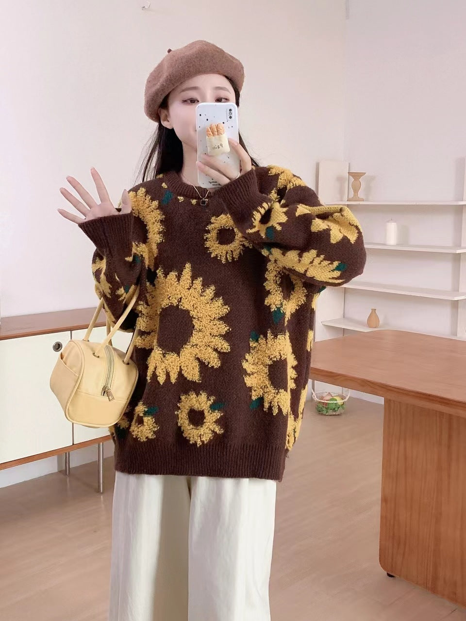 Women's chunky knit sweater with floral appliqués NOVAE