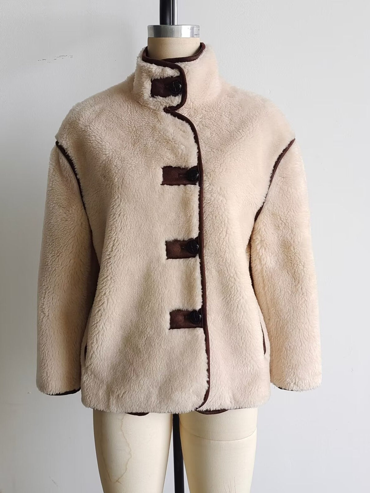 Women's teddy fleece jacket with stylish stand-up collar and practical pockets NOVAE