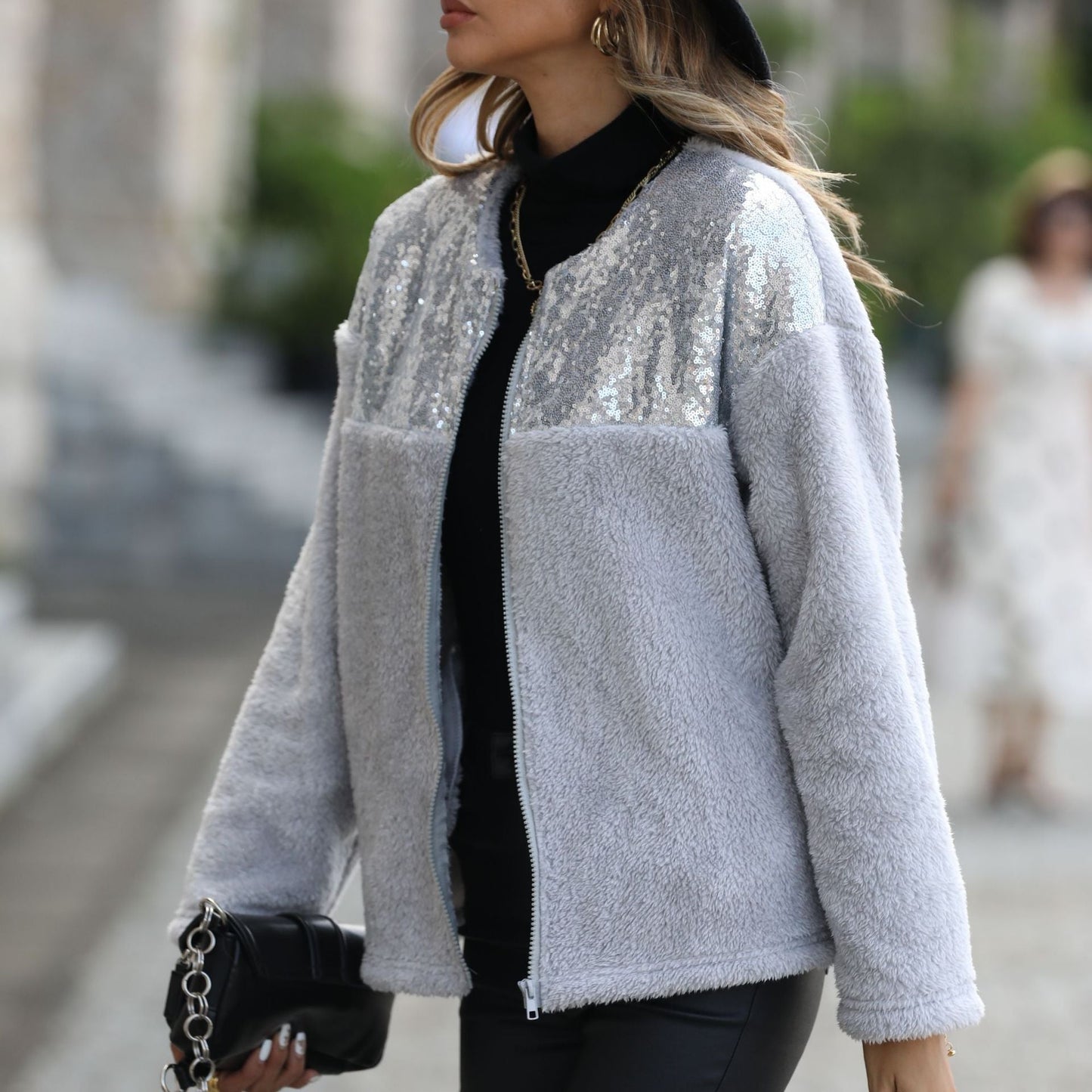 Women's fleece jacket with glitter appliqués NOVAE