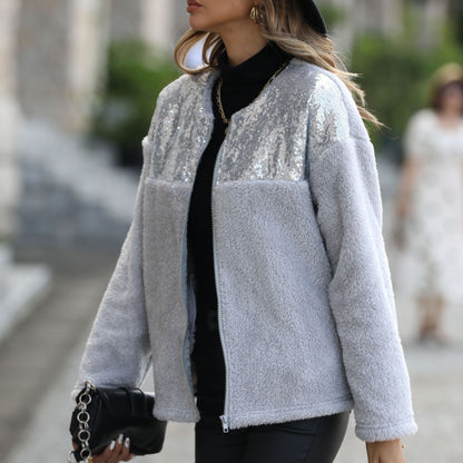 Women's fleece jacket with glitter appliqués NOVAE