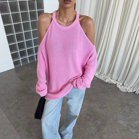 Women's casual knit sweater with open shoulder design and soft rib pattern NOVAE