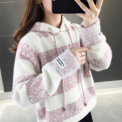 Women's casual hoodie with structured stripe pattern and drawstring NOVAE