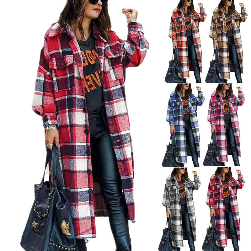Women's Checkered Long Coat with Practical Pockets NOVAE