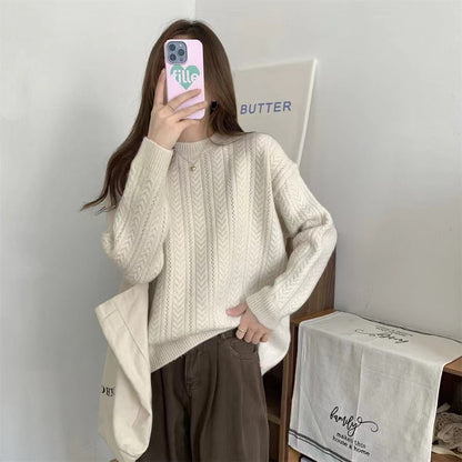 Women's chunky knit sweater with modern cable pattern and high round neckline NOVAE