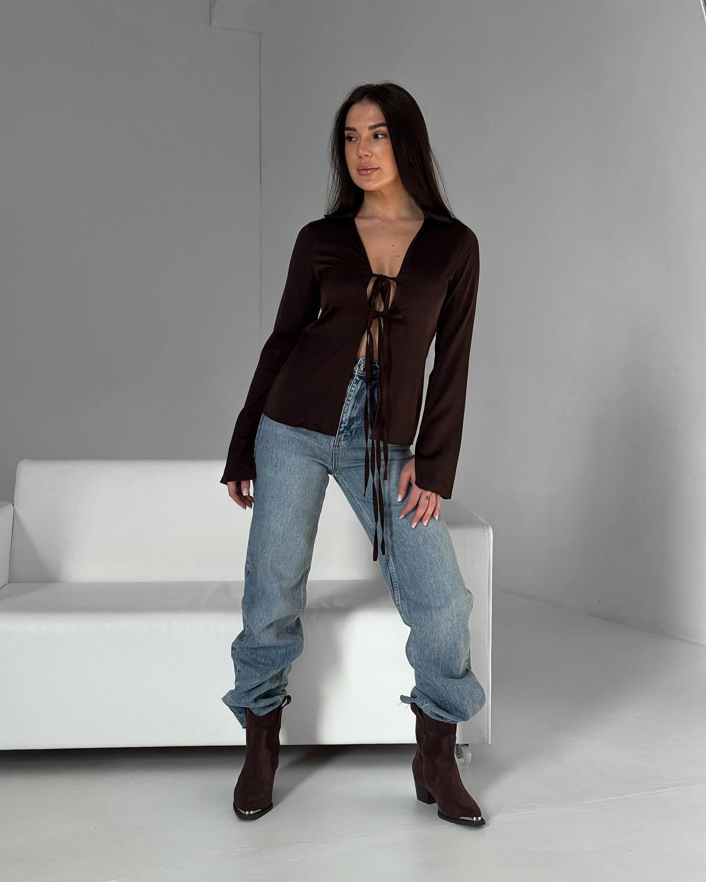 Women's elegant blouse with decorative lacing detail and wide sleeves NOVAE