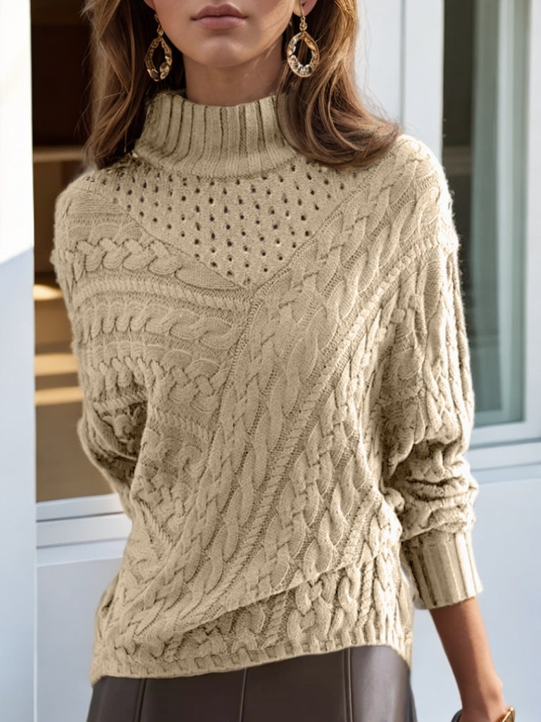 Women's knit sweater with high collar and detailed cable pattern NOVAE