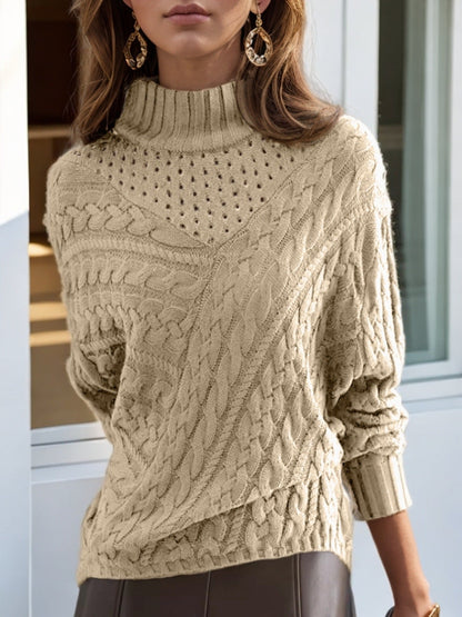 Women's knit sweater with high collar and detailed cable pattern NOVAE