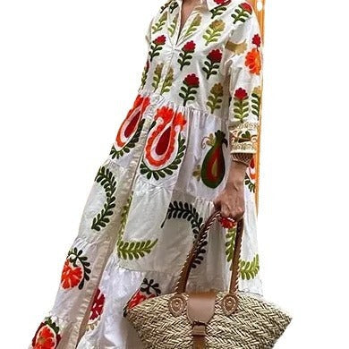 Women's Long Sleeve Partial Check Dress with Floral Embroidery NOVAE