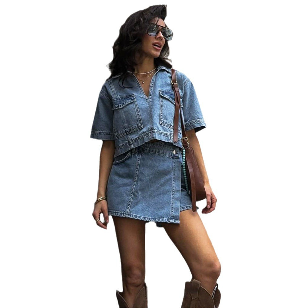 Women's denim crop top and skirt set NOVAE