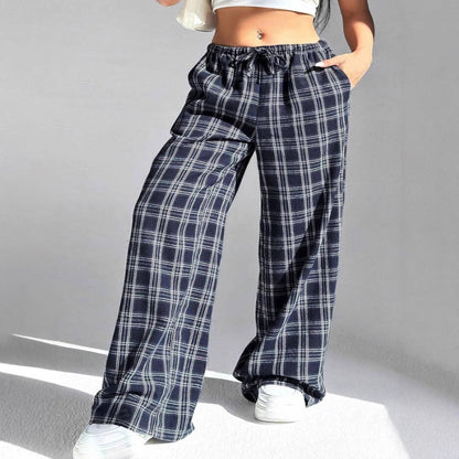 Women's wide-leg checked leisure trousers with elasticated waistband and drawstring NOVAE