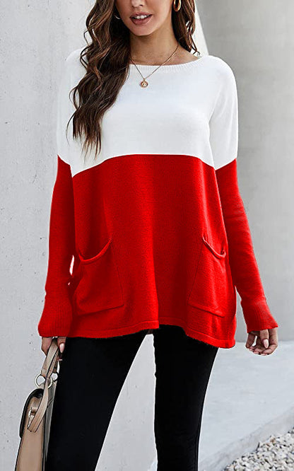 Women's knit sweater with large front pockets and contrasting design NOVAE