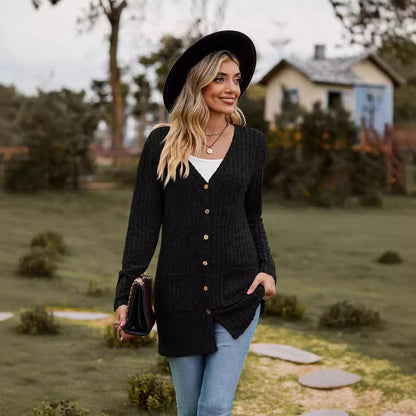 Women's cardigan with long sleeves and practical pockets NOVAE