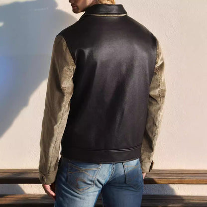 Men's fashionable leather jacket with corduroy details and practical zip pockets NOVAE