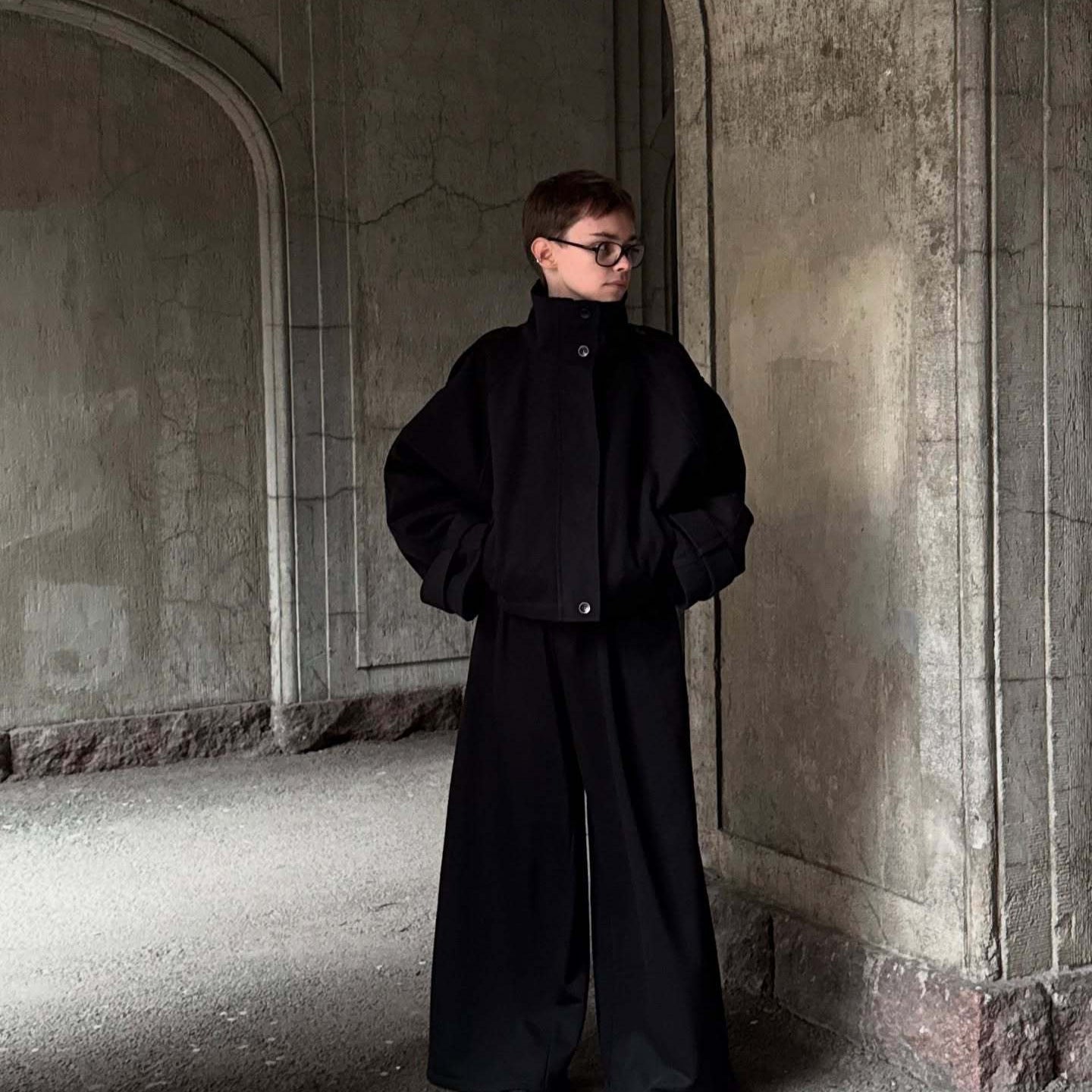 Women's Oversized Wool Jacket with High Collar and Practical Pockets NOVAE