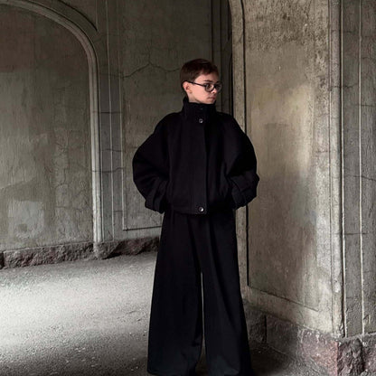 Women's Oversized Wool Jacket with High Collar and Practical Pockets NOVAE