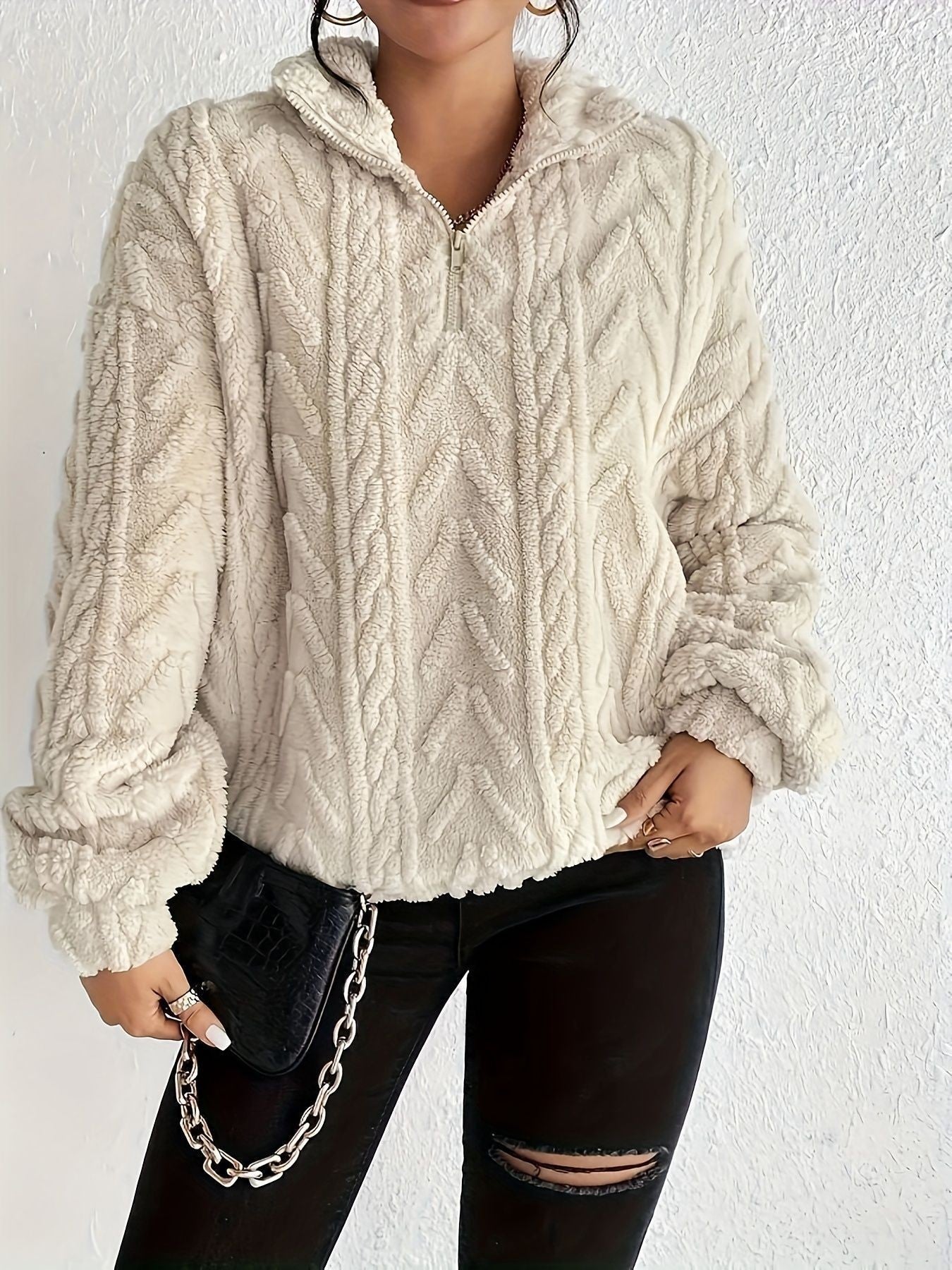 Women's Cozy Fleece Sweater with High Collar and Zipper Detail NOVAE