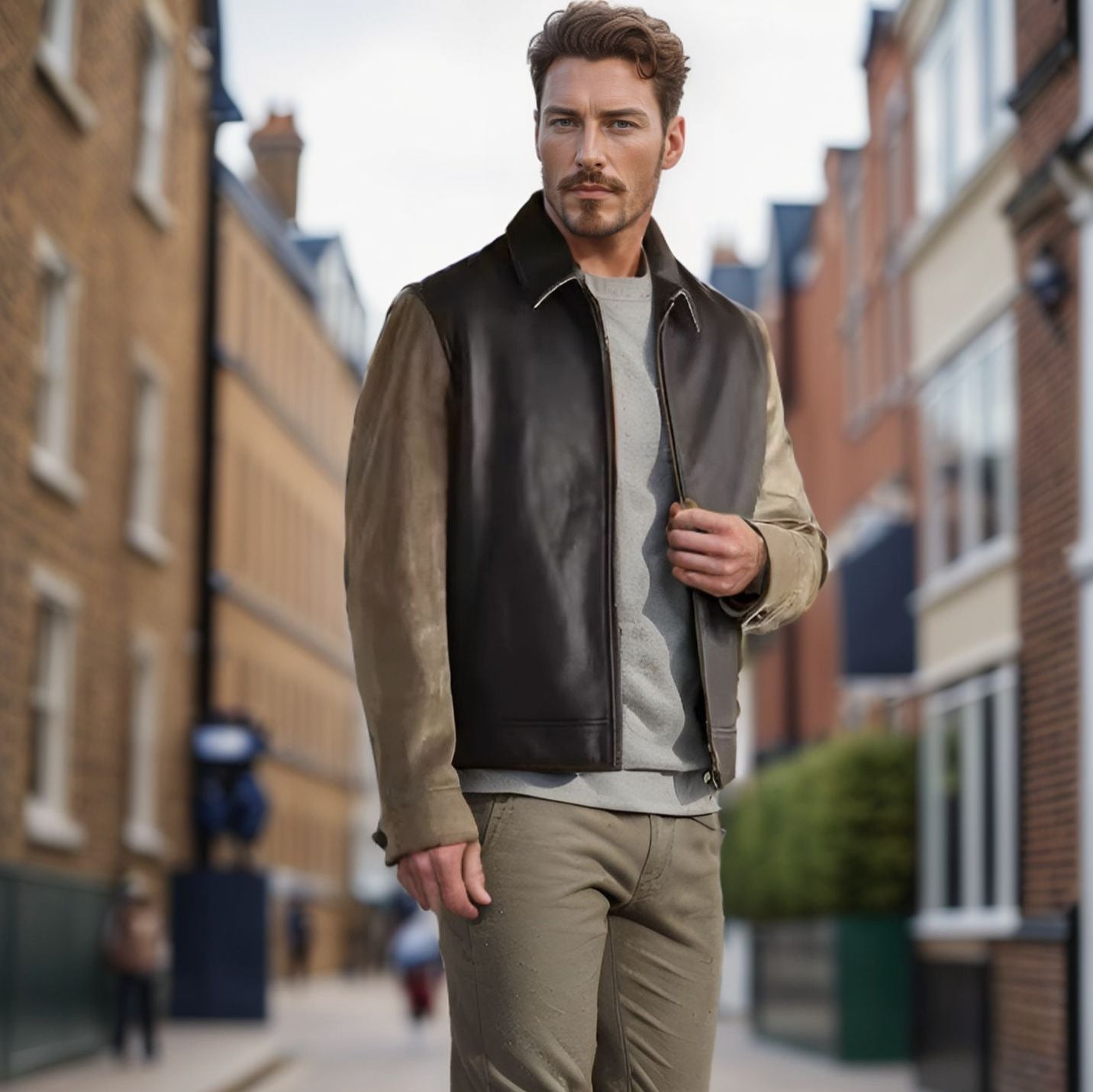 Men's fashionable leather jacket with corduroy details and practical zip pockets NOVAE