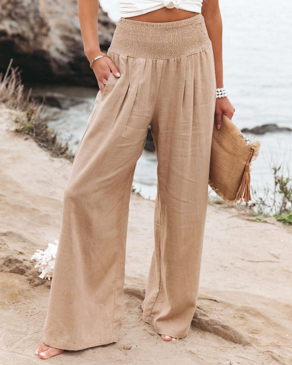 Women's lightweight and wide-legged summer trousers with elasticated waistband NOVAE