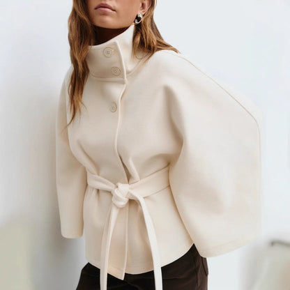 Women's elegant cape jacket with high stand-up collar and chic belt NOVAE