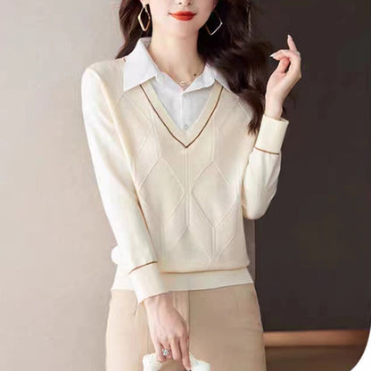 Women's knitted pullover with v-neck and textured diamond pattern NOVAE