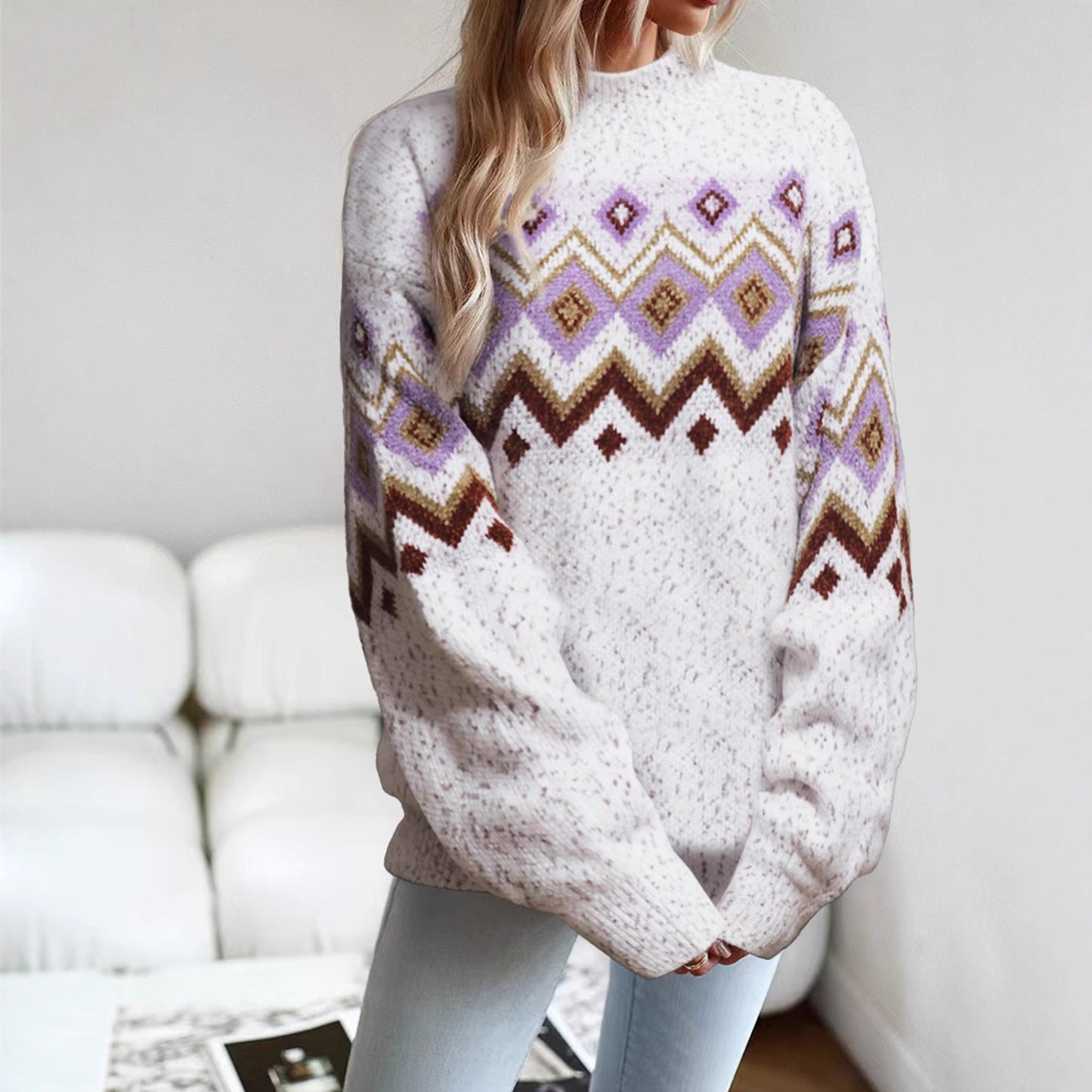 Women's knitted sweater with geometric pattern and relaxed fit NOVAE