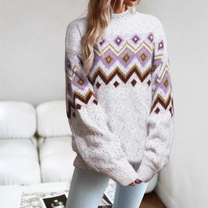 Women's knitted sweater with geometric pattern and relaxed fit NOVAE