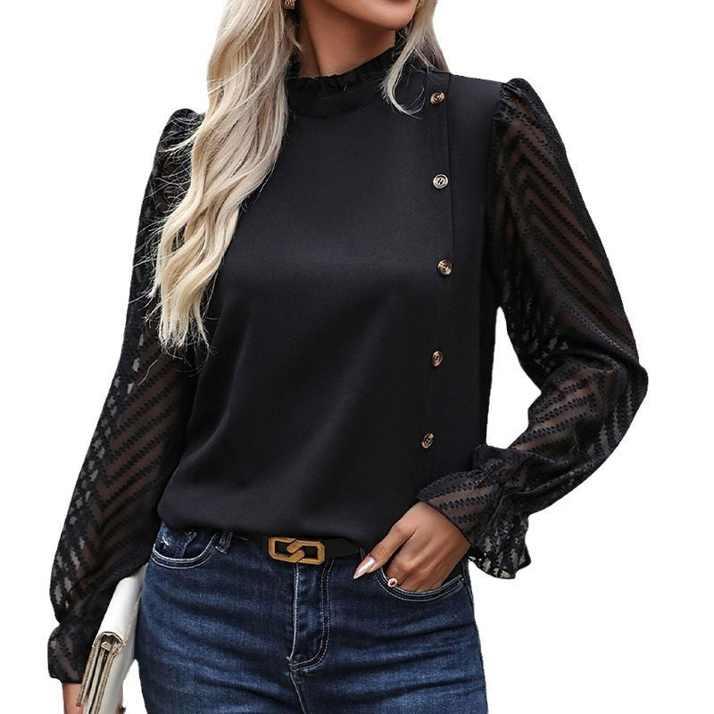 Women's fashionable blouse shirt with ruffle details and button trim NOVAE