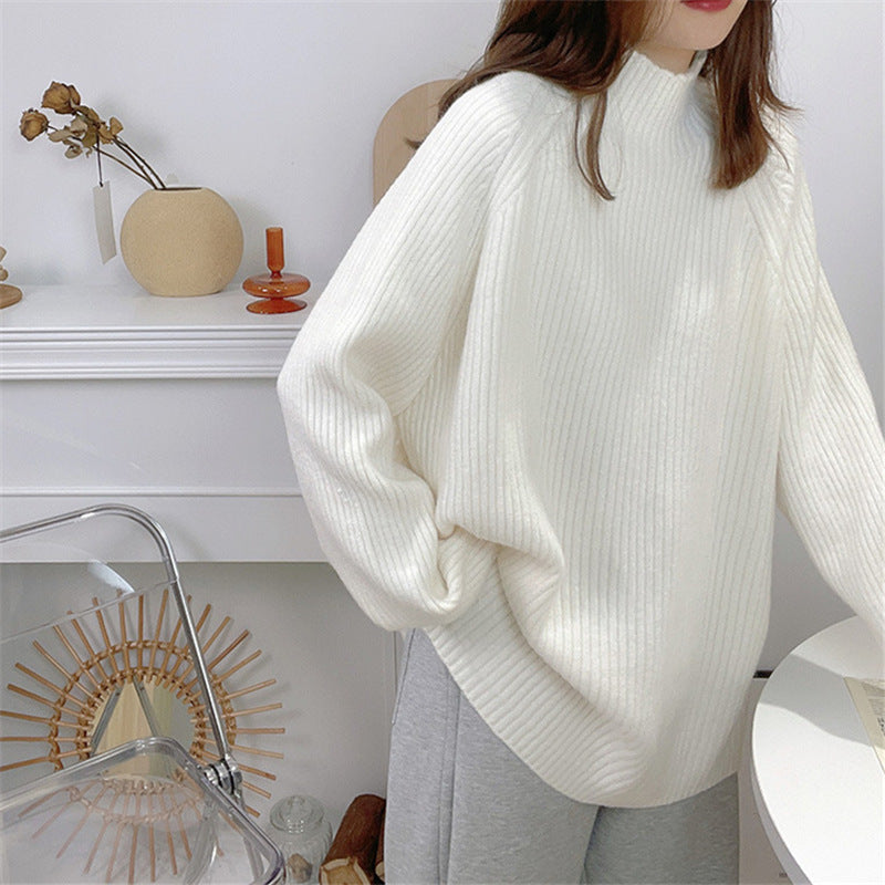 Women's Oversized Knit Sweater with High Collar and Fine Ribbed Texture NOVAE