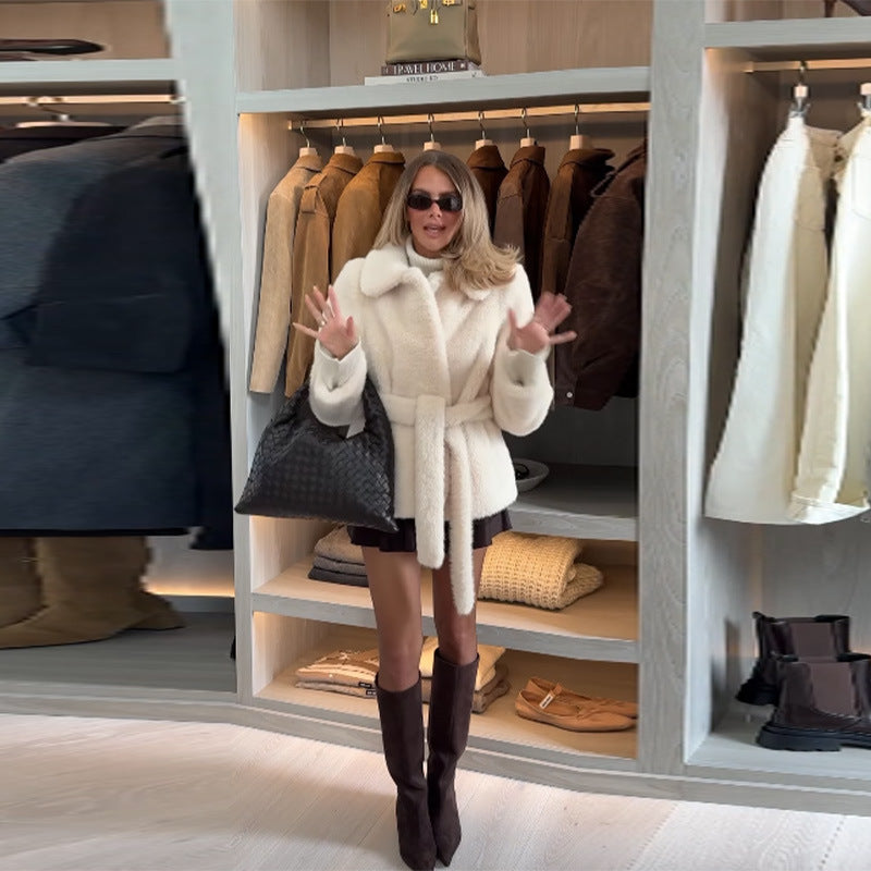 Women's Fluffy Short Sleeve Pullover Jacket with Wide Belt NOVAE