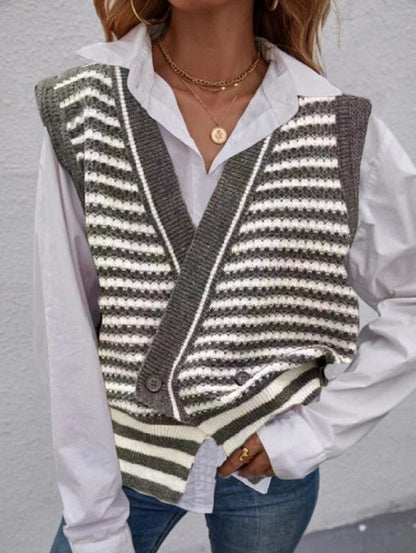 Women's knitted vest with fashionable striped pattern and double button closure NOVAE