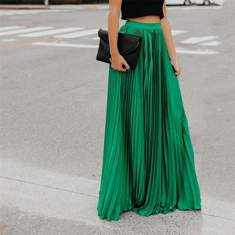 Women's Long Pleated Skirt with Elastic Waistband and Flowing Fabric NOVAE