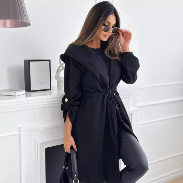 Women's hip-length fabric coat with hood and waist belt NOVAE