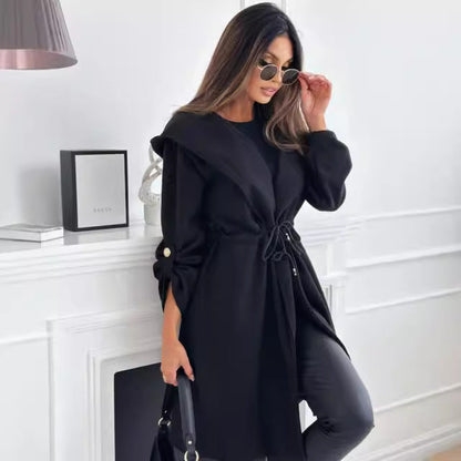 Women's hip-length fabric coat with hood and waist belt NOVAE